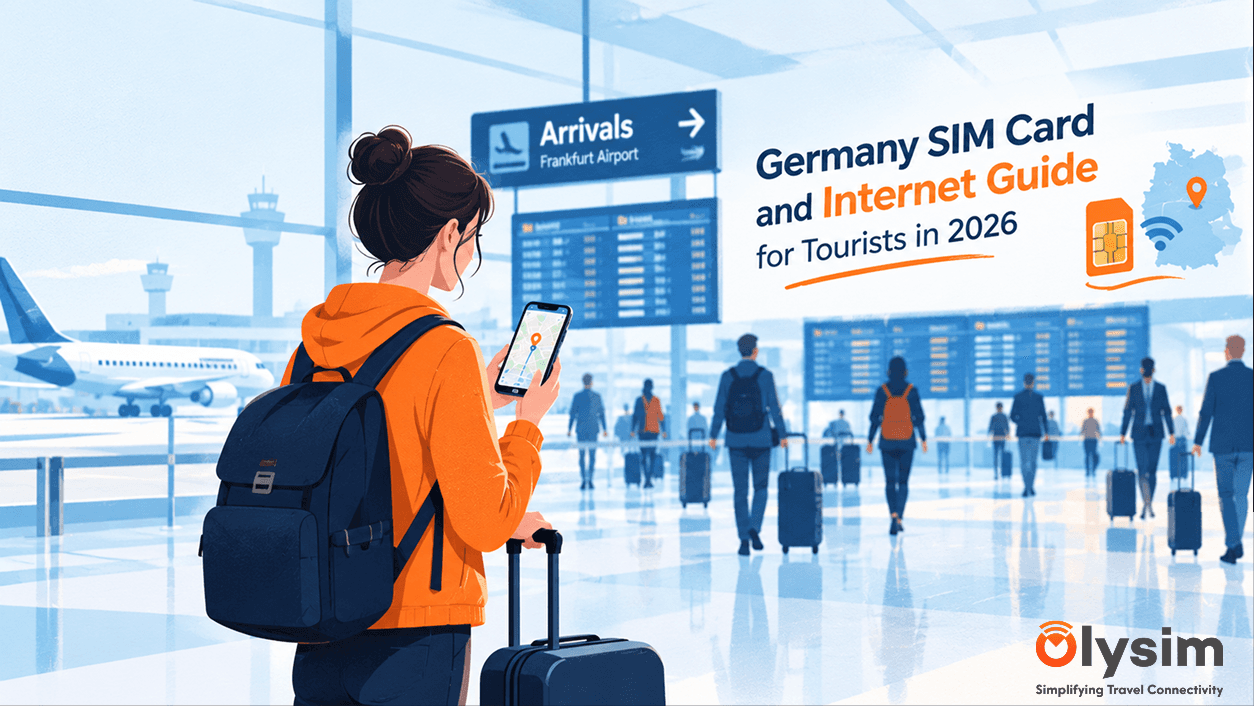 Traveller checking phone map in Frankfurt Airport arrivals hall after landing in Germany