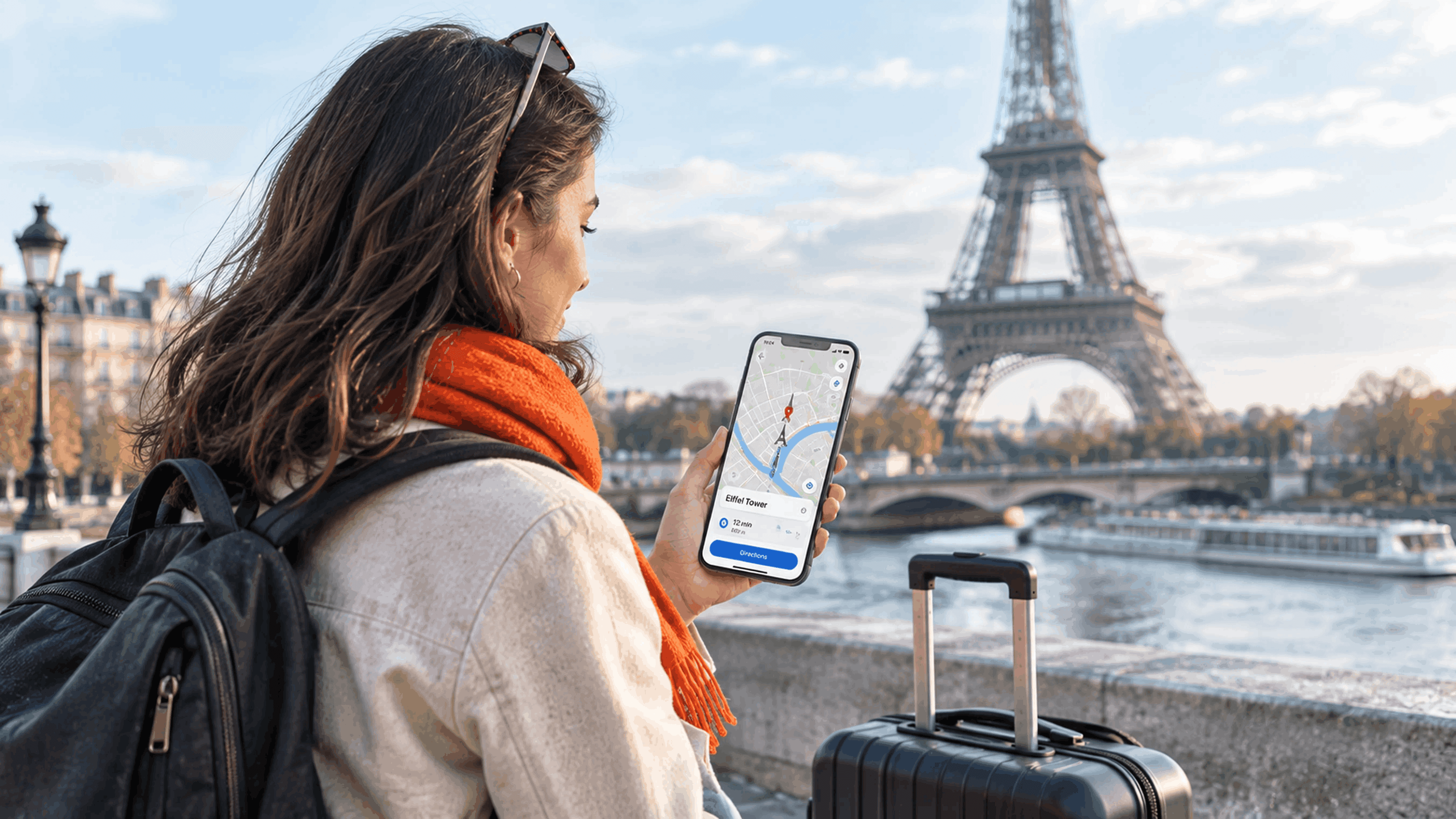 Traveller checking a smartphone map while standing near the Eiffel Tower with a small suitcase