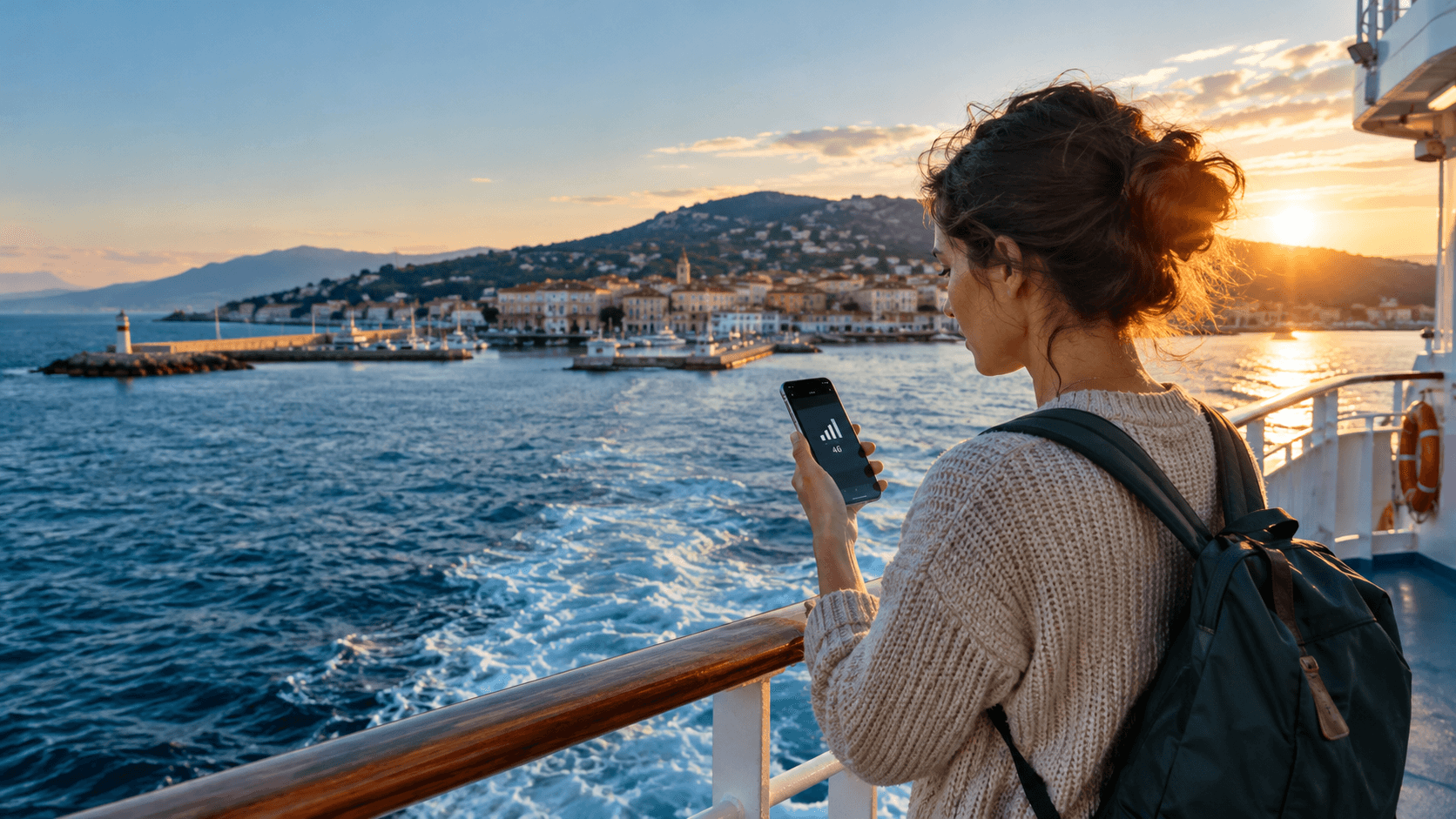 Traveller checking phone signal on the deck of a ferry leaving a harbour