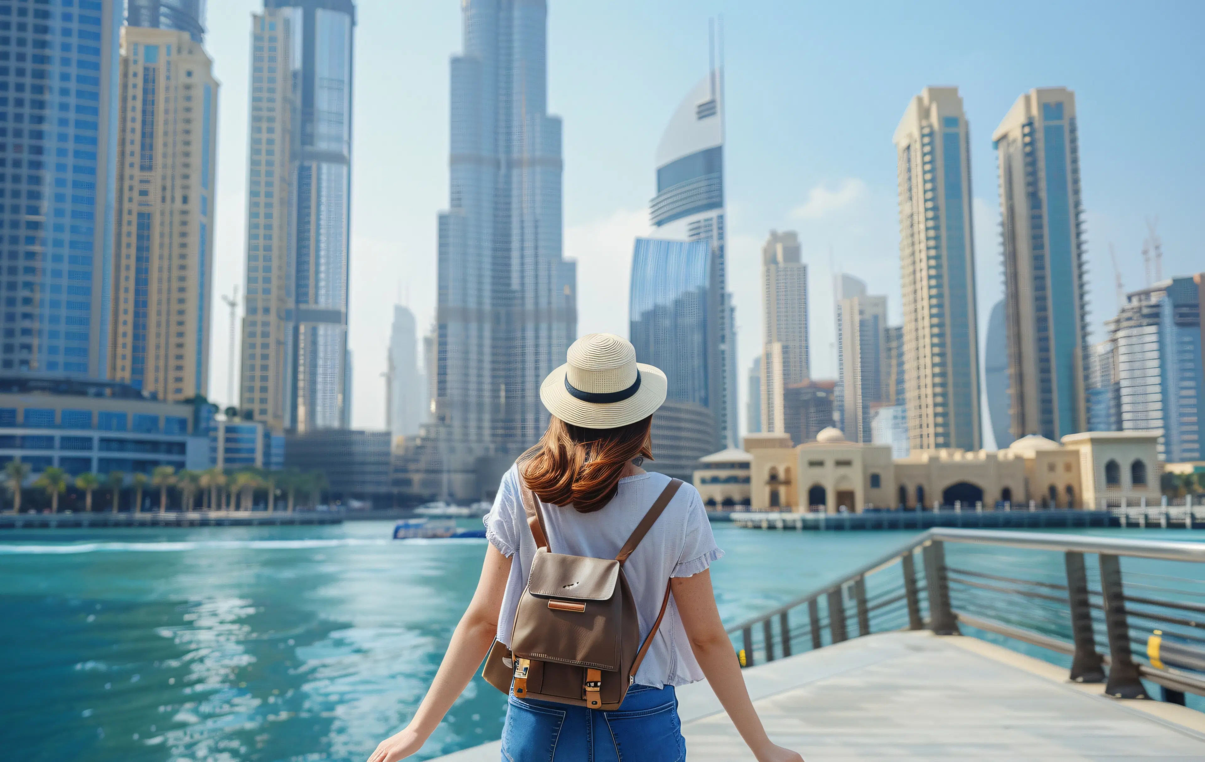 Traveler using mobile phone with Olysim eSIM in Dubai, symbolizing global digital connectivity