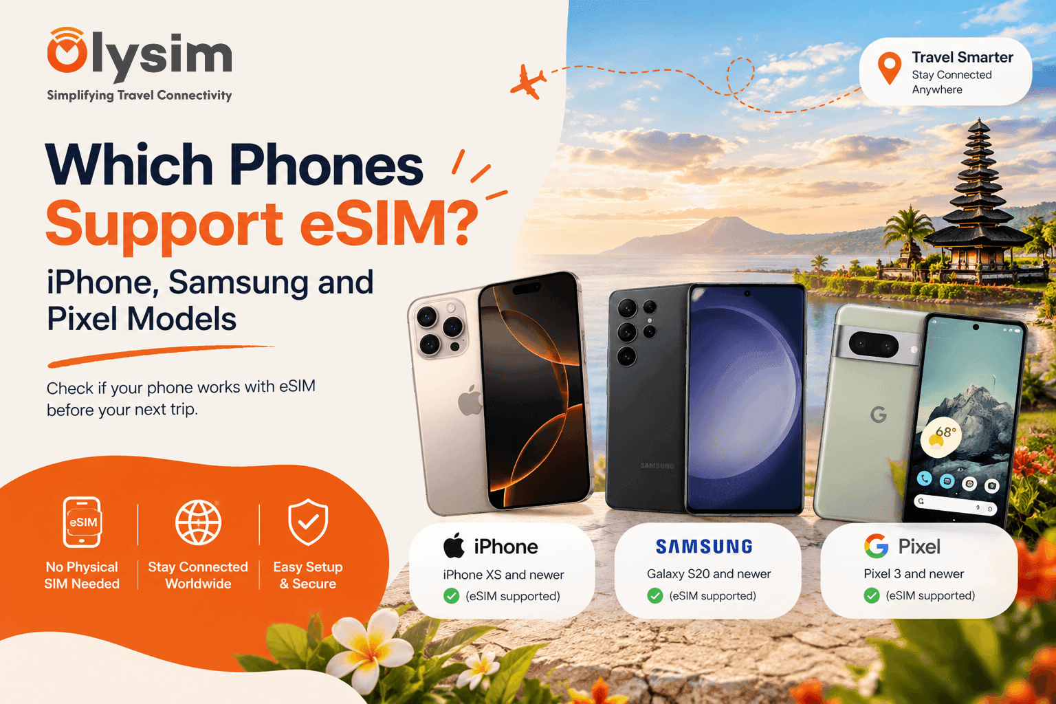 Three smartphones from different brands lying side by side on a table showing eSIM settings screens