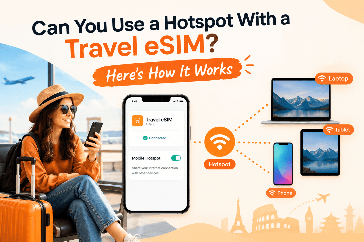 Traveller sharing phone hotspot data from a travel eSIM with a laptop at an airport café