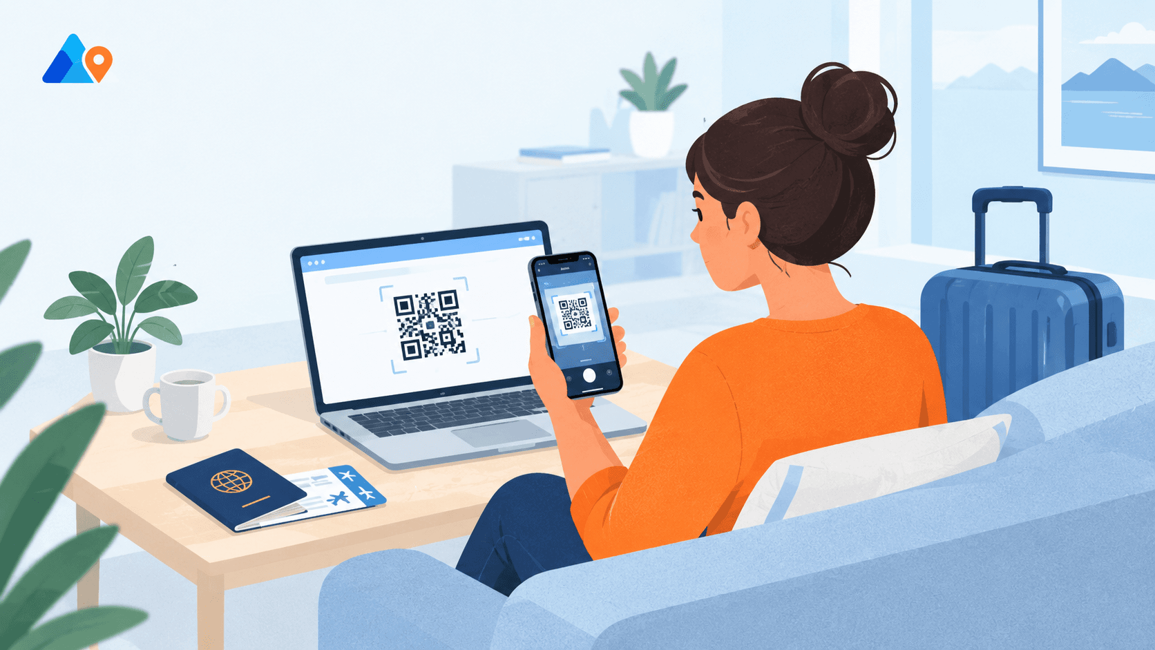 Traveller scanning an eSIM QR code on a smartphone at home before an international trip