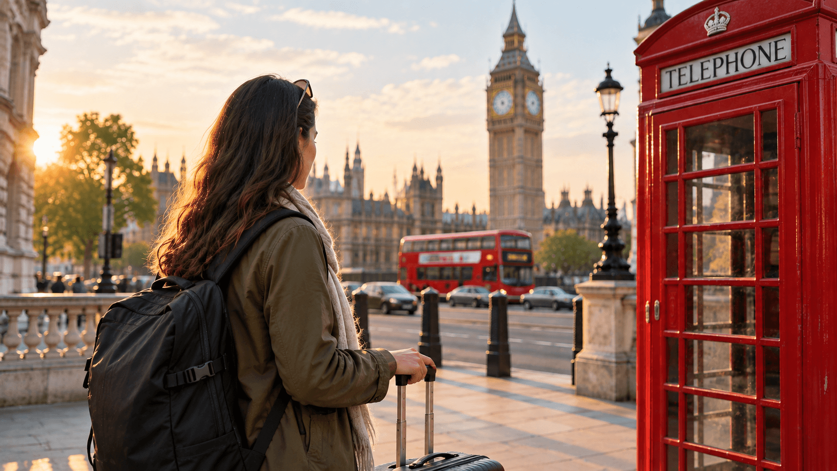 Traveller with a suitcase checking a phone near a red telephone box on a London street