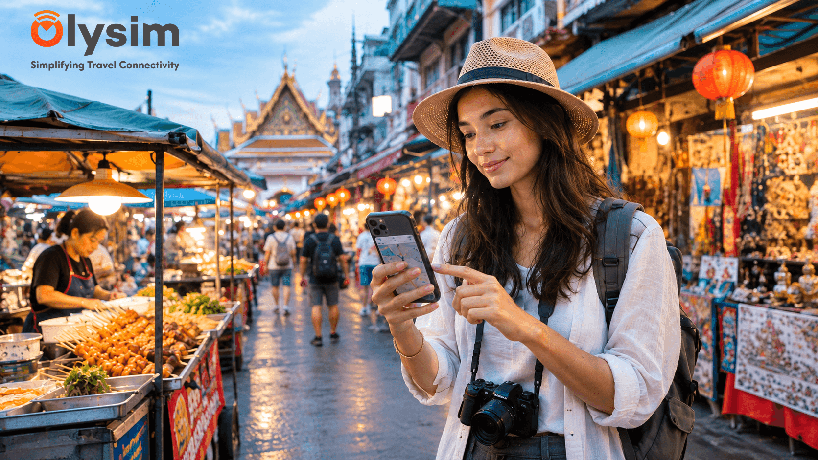 Traveller checking a smartphone map at a street market in Bangkok with colourful stalls behind them