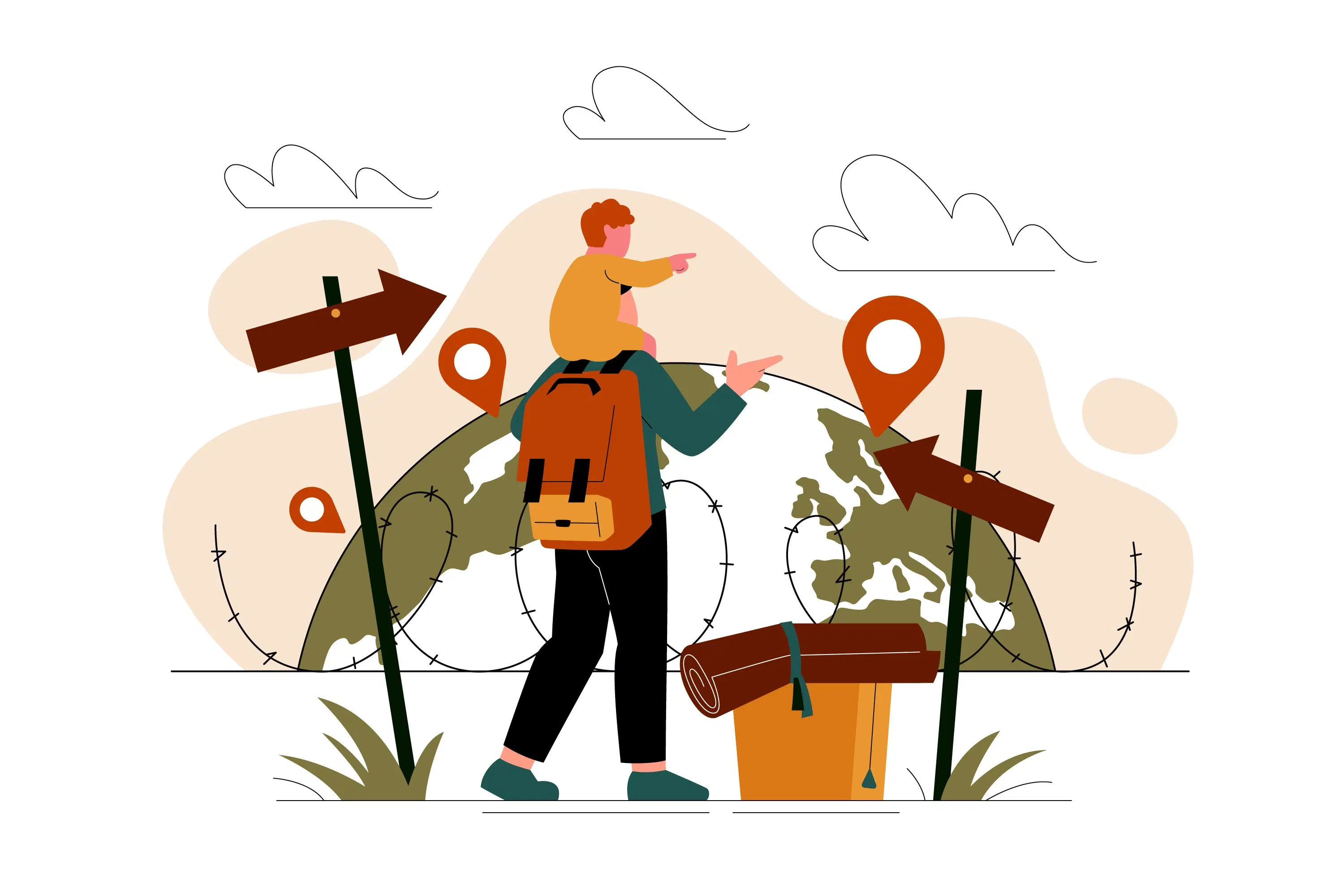 Traveler using a smartphone abroad with digital data security icons representing secure SIM and eSIM protection