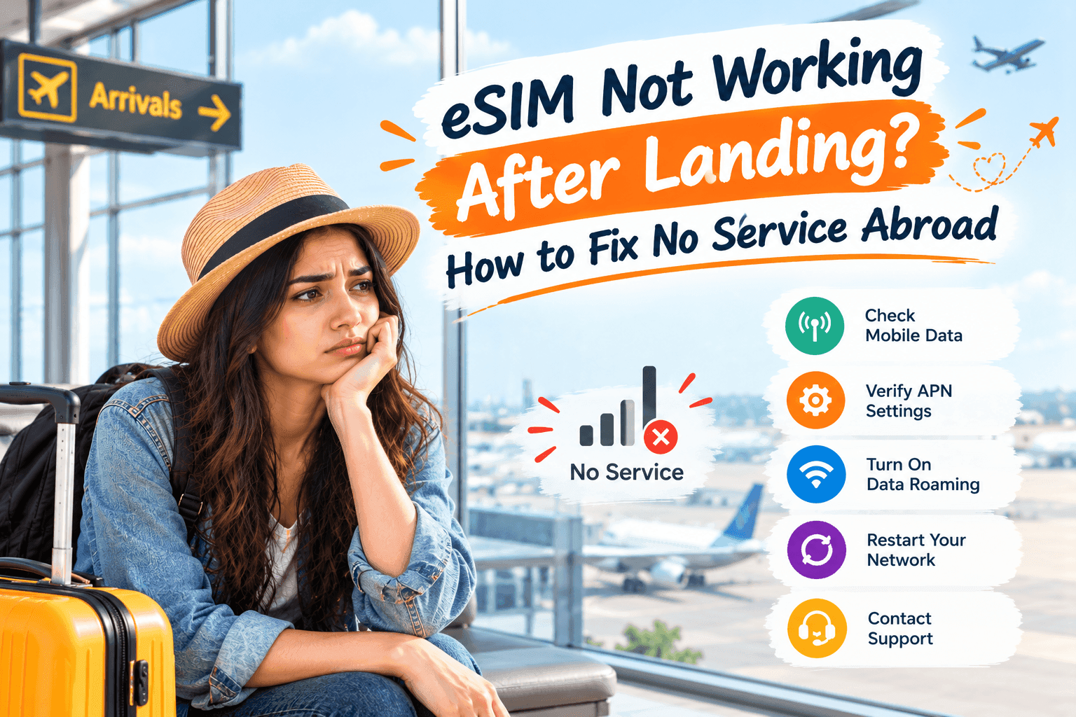 Traveller checking phone settings in an airport arrivals hall after landing abroad