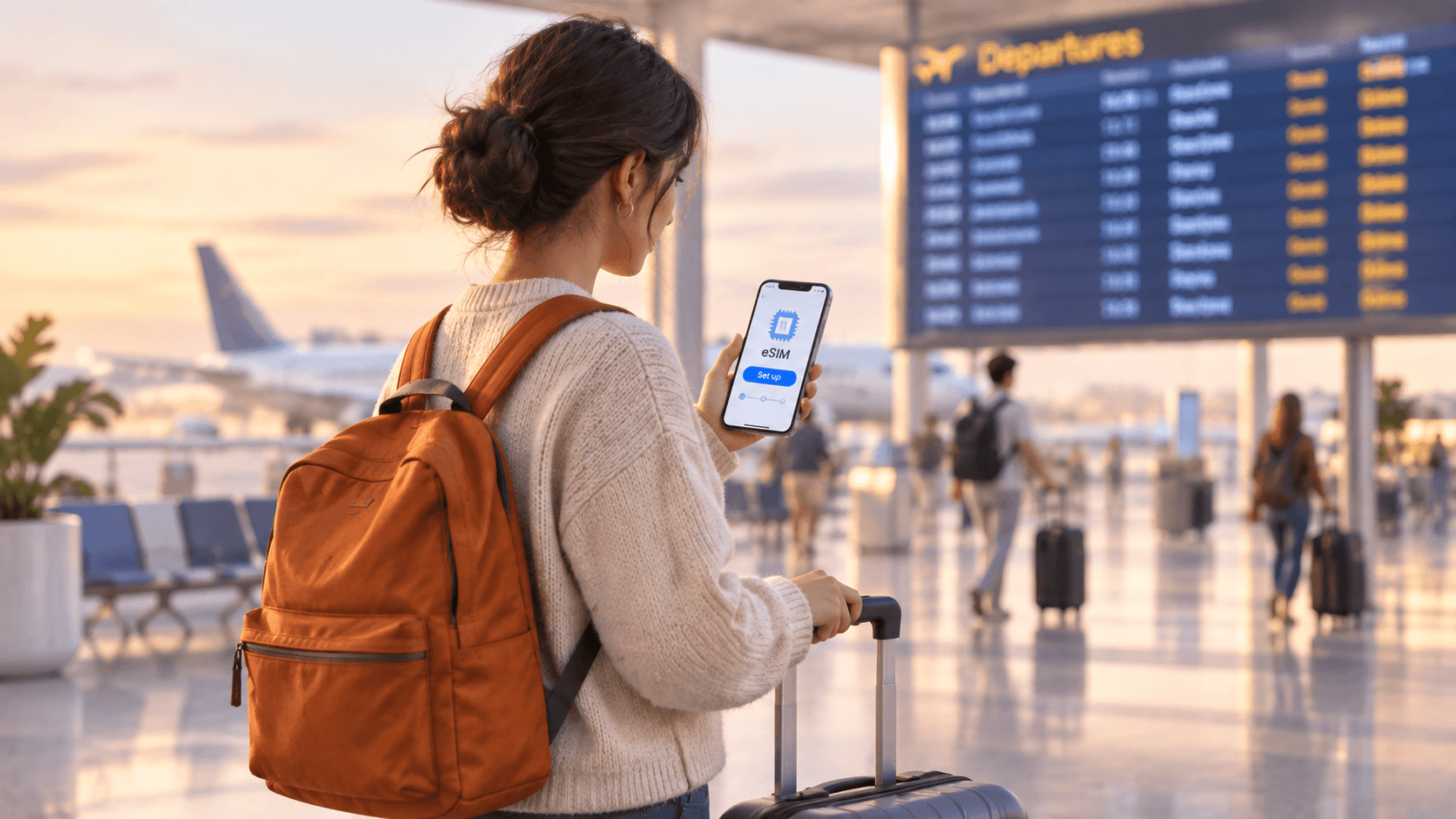 Traveller at an airport arrivals hall setting up a travel eSIM on a smartphone