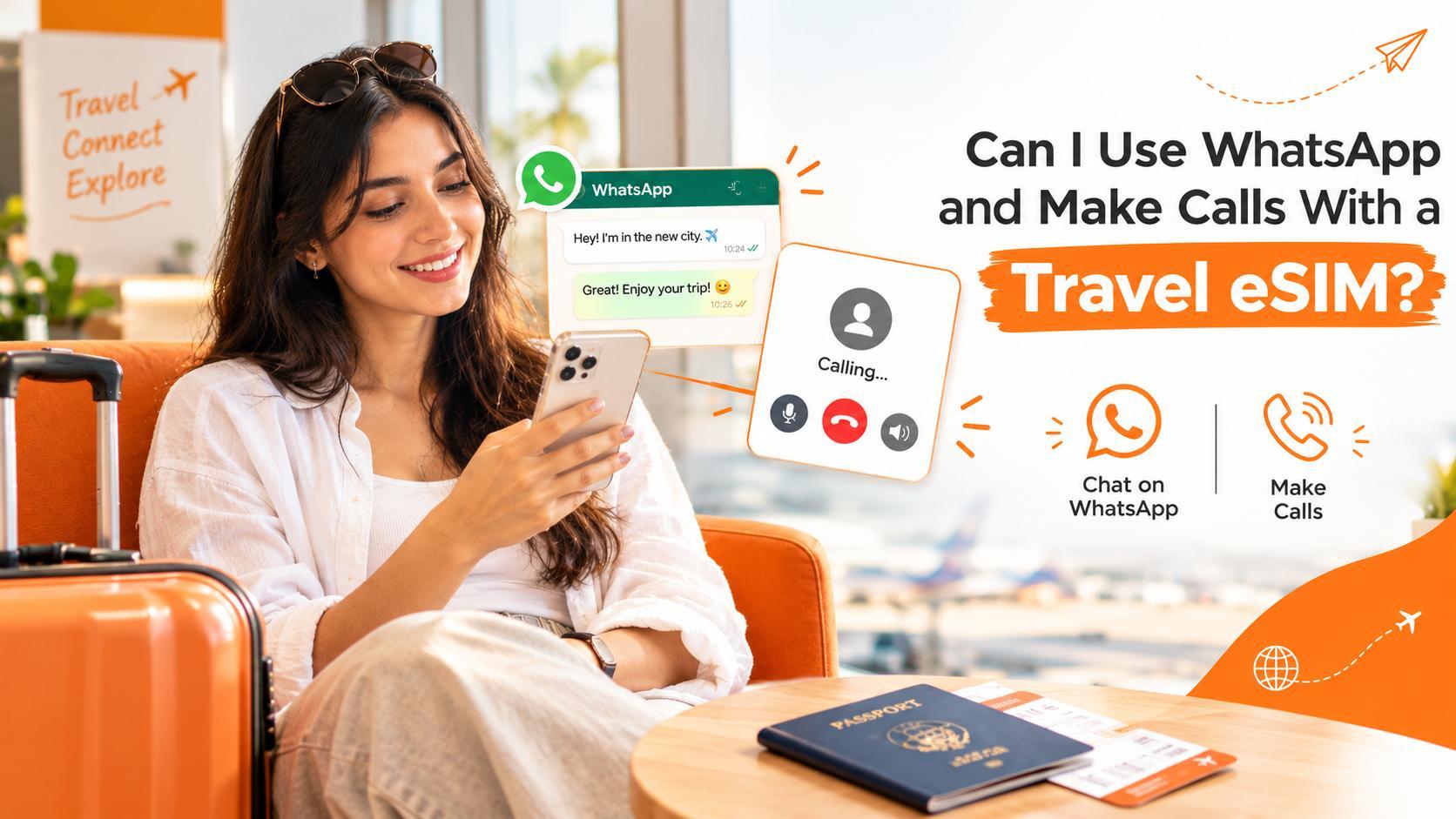 Traveller on an airport concourse making a WhatsApp video call on a phone with a travel eSIM