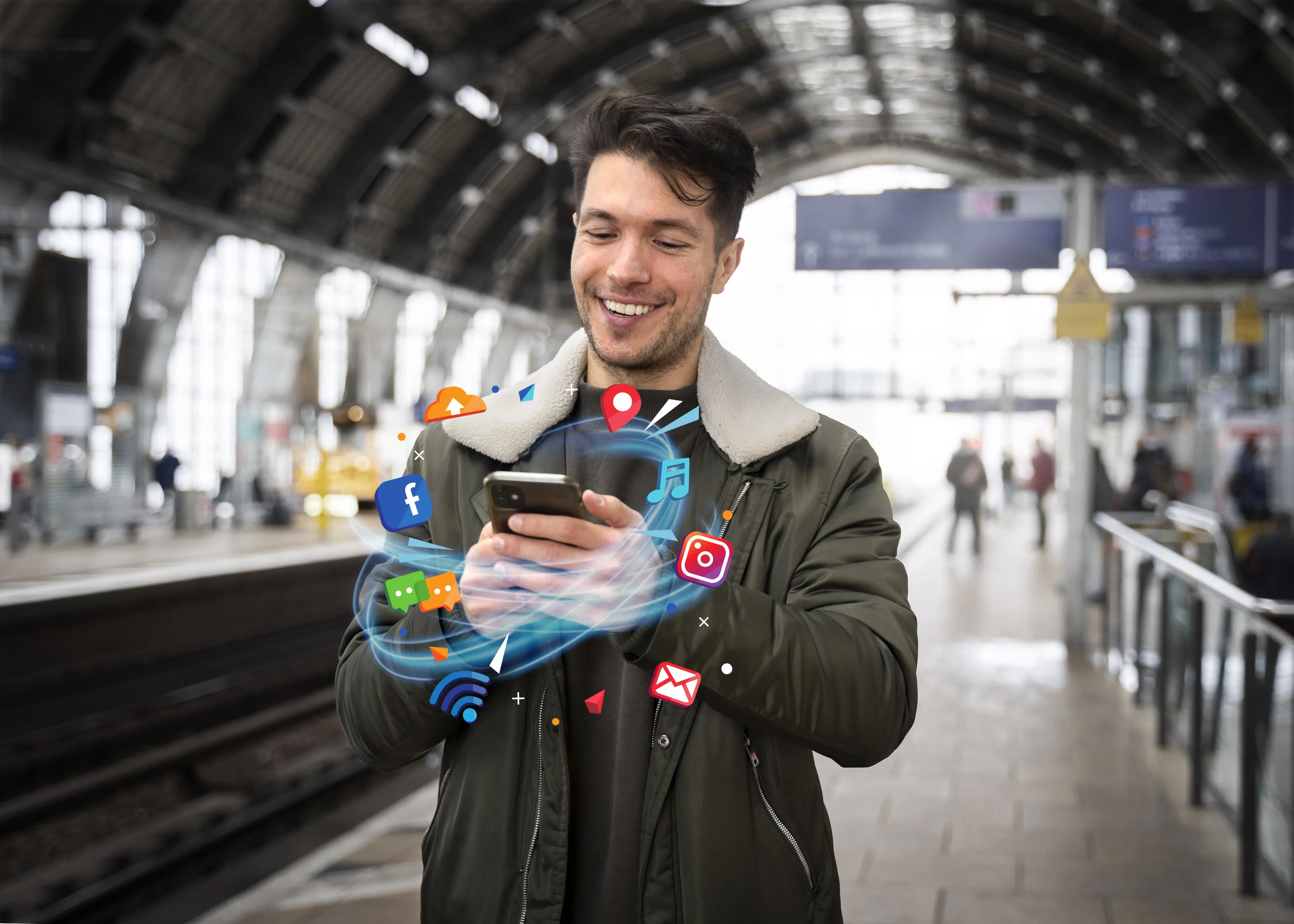 Traveler using Olysim global eSIM plan to stay connected across 150+ countries with smartphone