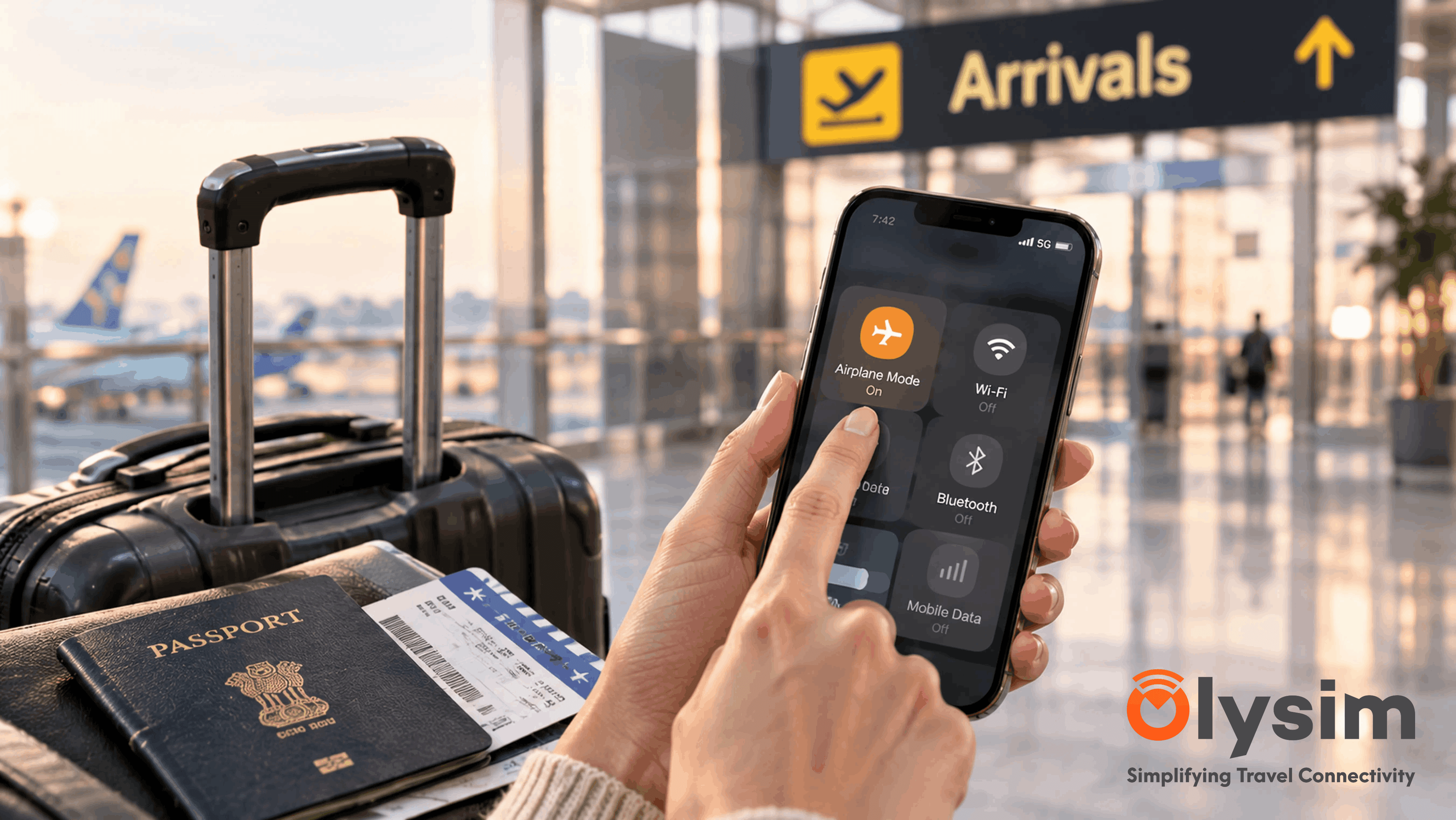 Traveller switching off aeroplane mode on a smartphone at an airport arrivals hall after landing