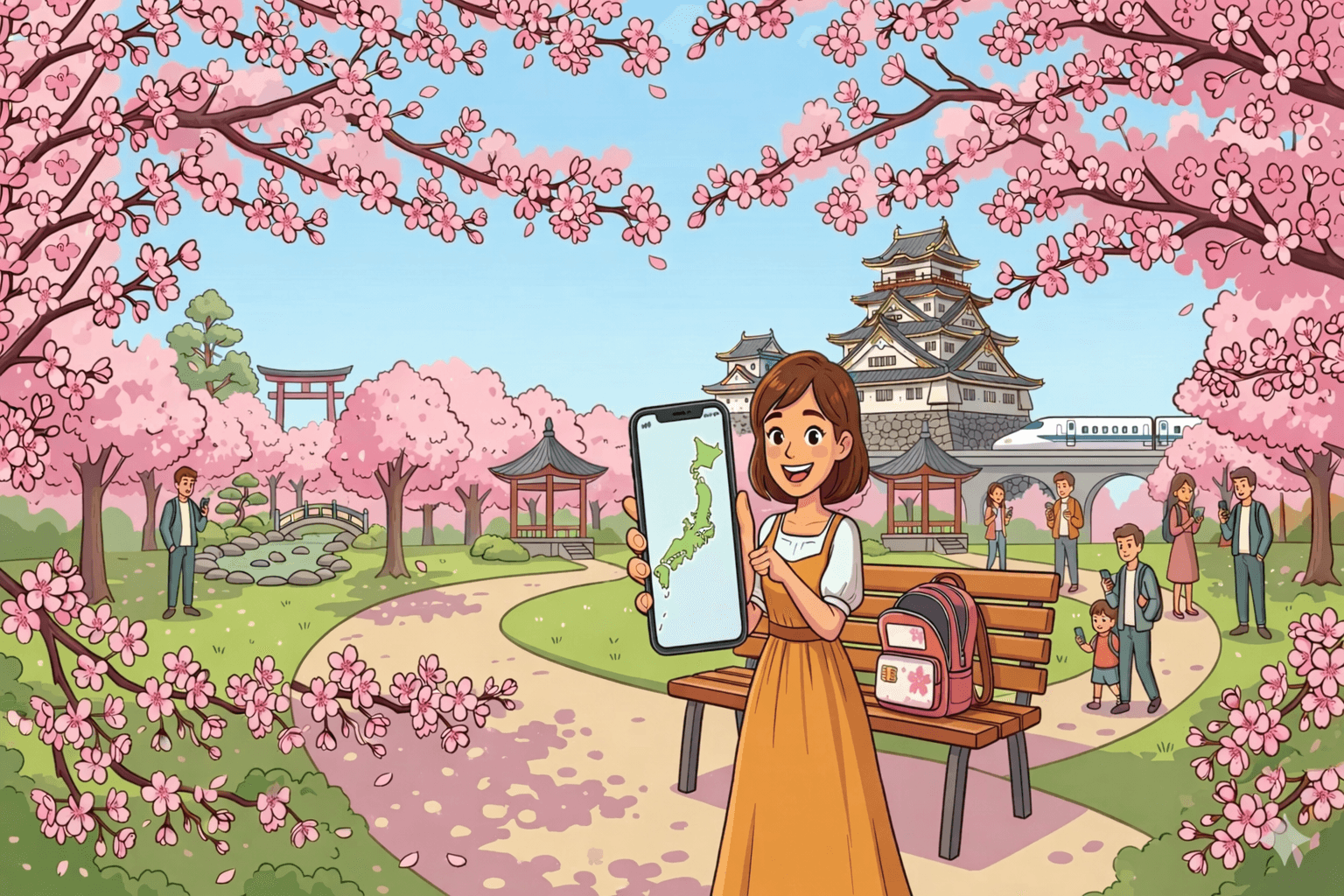 Woman in kimono holding a pink umbrella under blooming Sakura trees during Japan cherry blossom season.