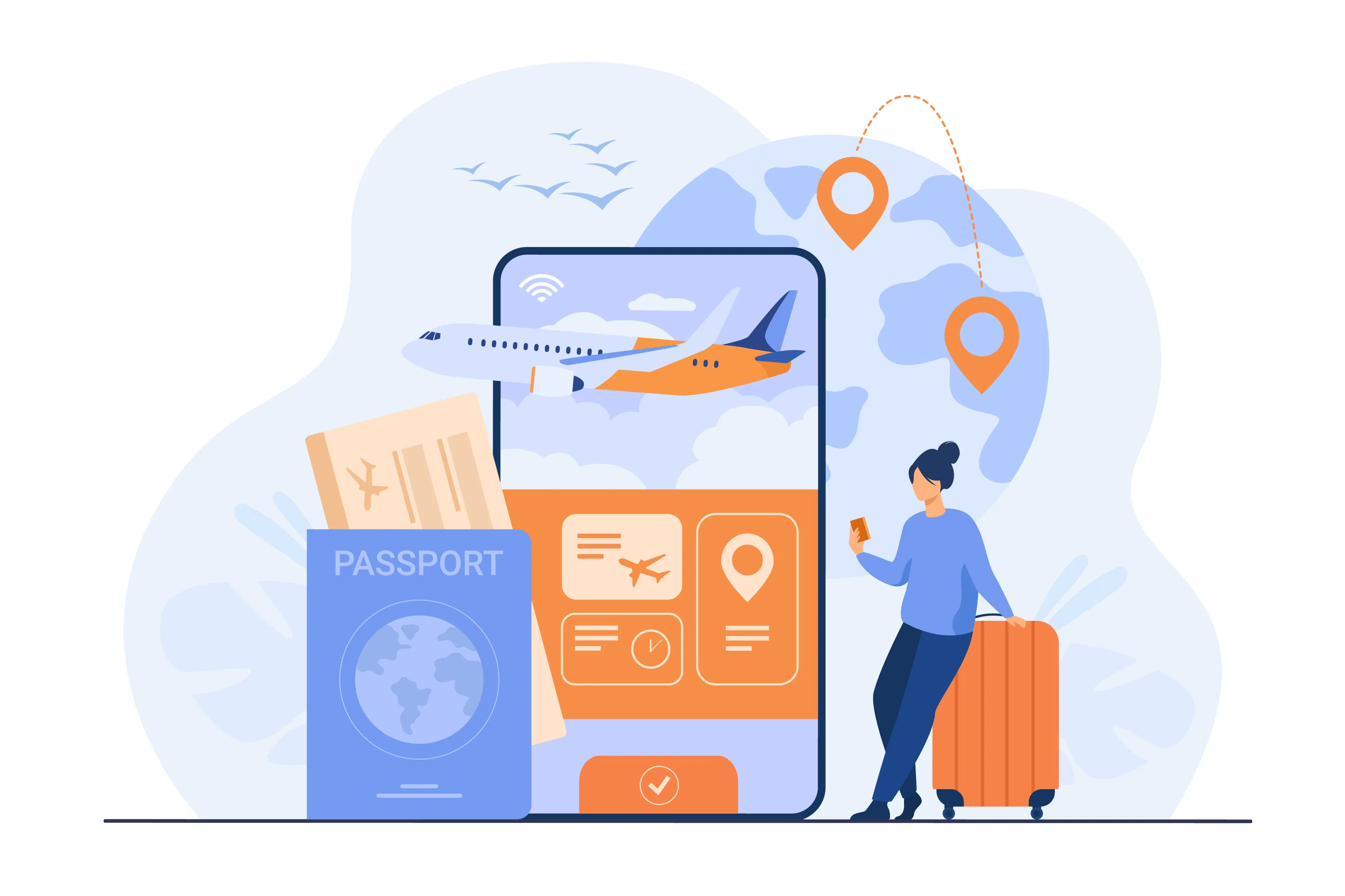 Traveler preparing essentials before an international trip, including phone connectivity and documents