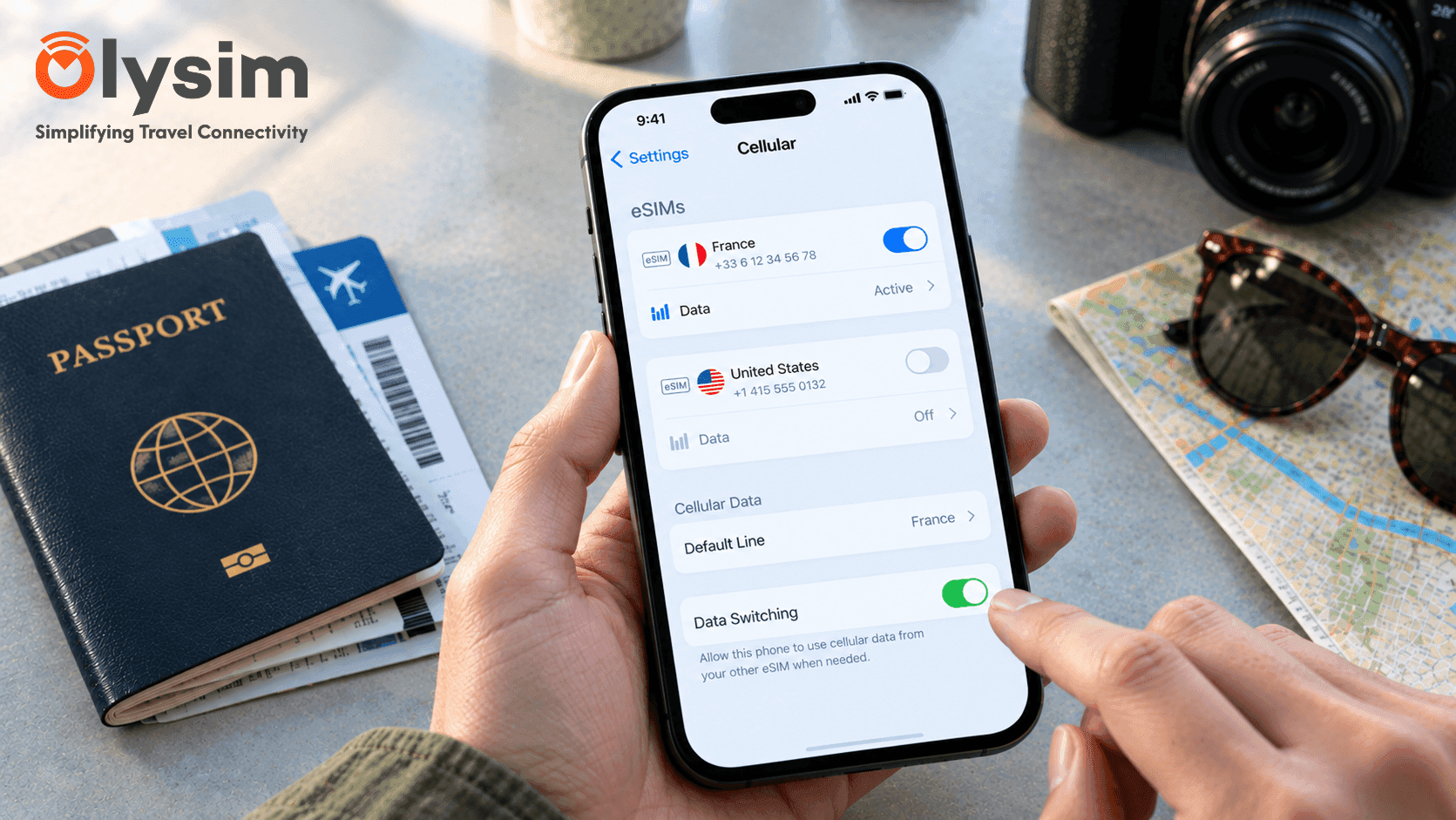 Close-up of a smartphone settings screen showing two active eSIM profiles for different countries