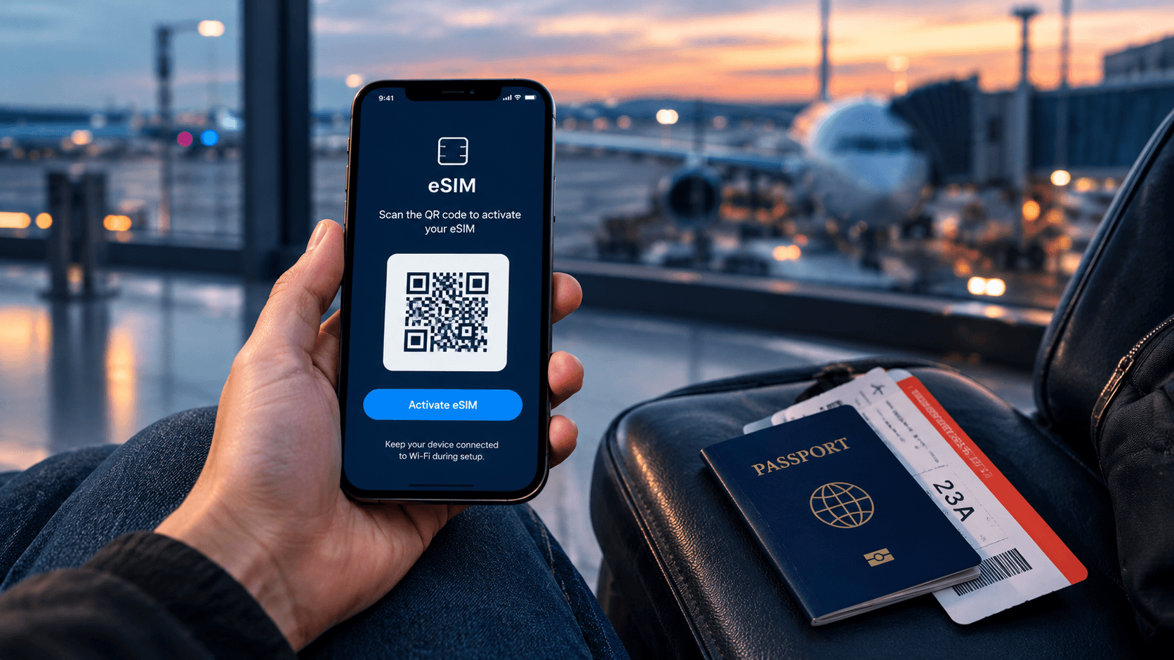 Close-up of a smartphone screen showing an eSIM QR code being scanned before a trip
