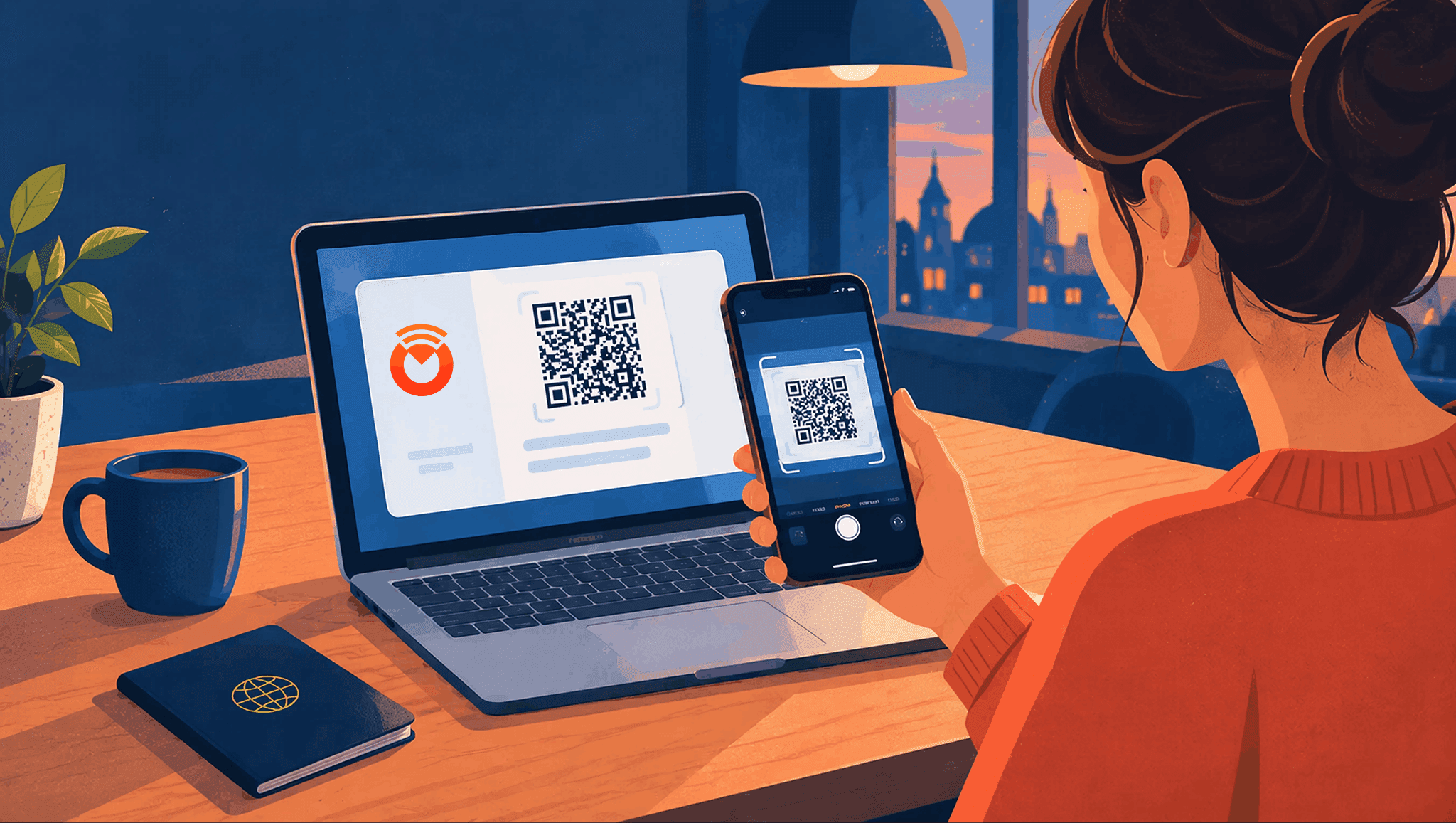 Traveller sitting at home scanning an eSIM QR code on a laptop screen with their smartphone