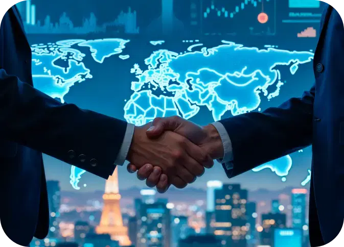 Two business professionals shaking hands with a glowing world map in the background, symbolizing global eSIM reseller partnership