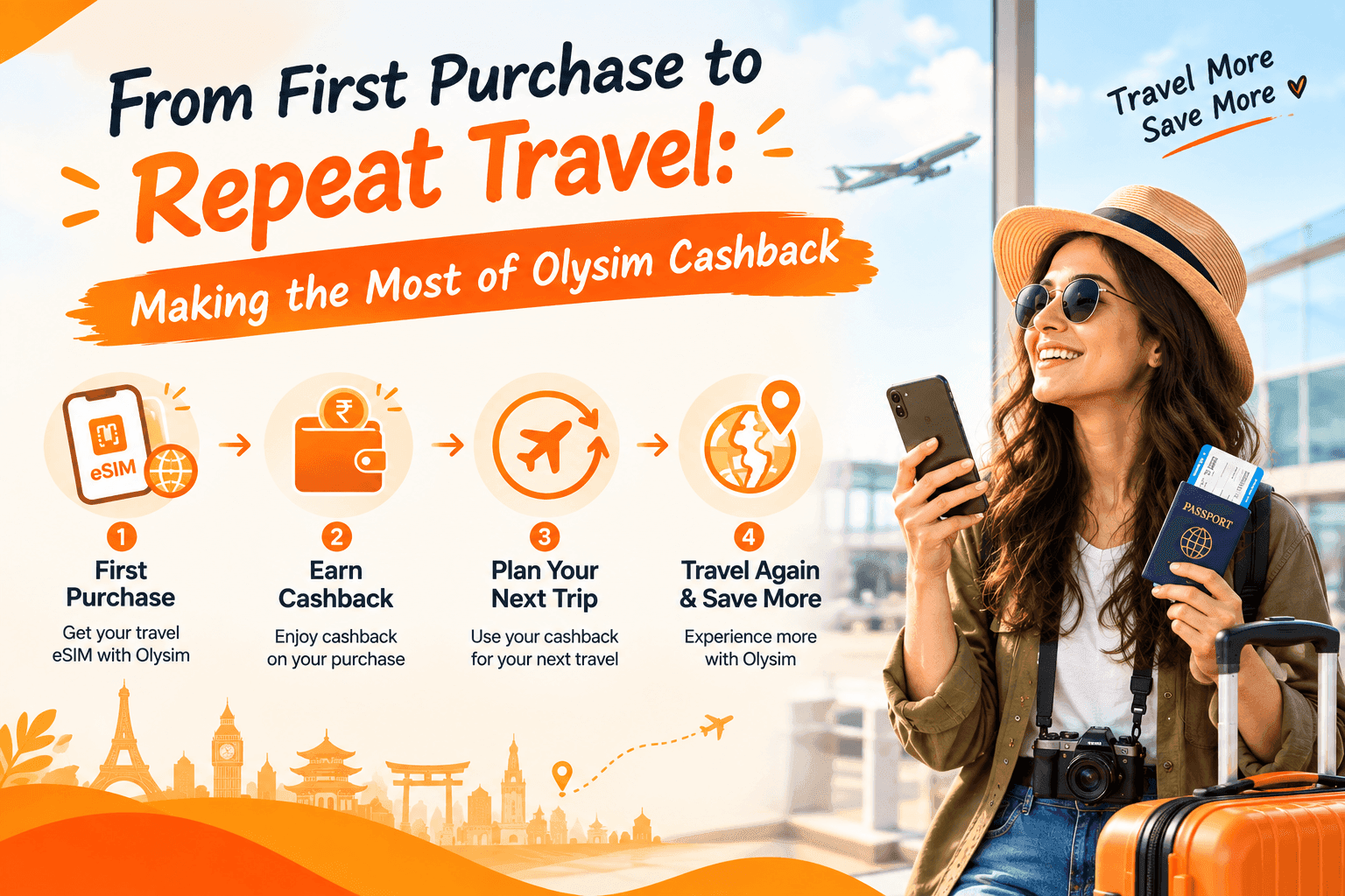 Traveller with a passport and boarding pass checking a phone showing a loyalty rewards screen