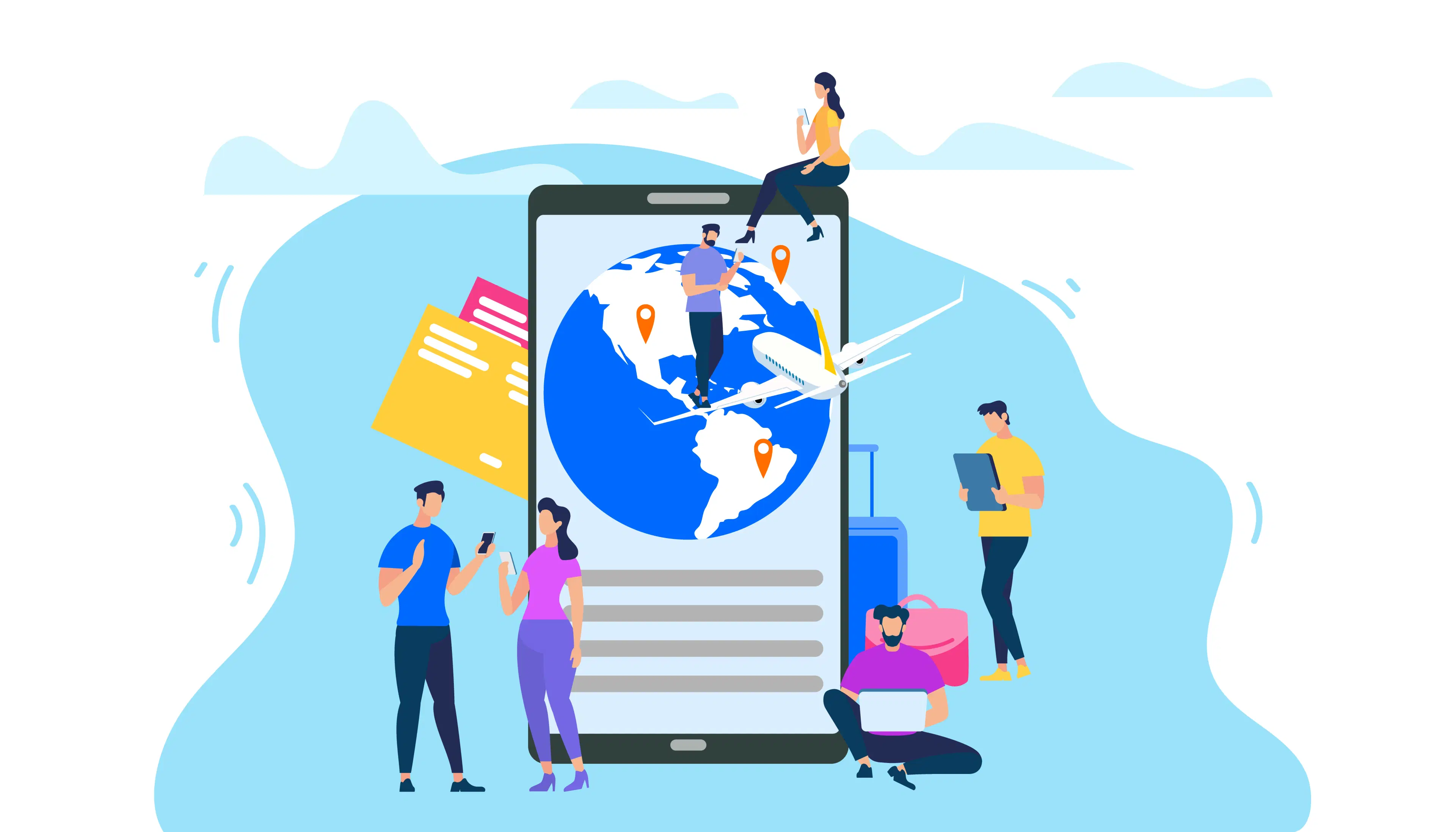 Airport traveler using mobile phone with global connectivity in the background