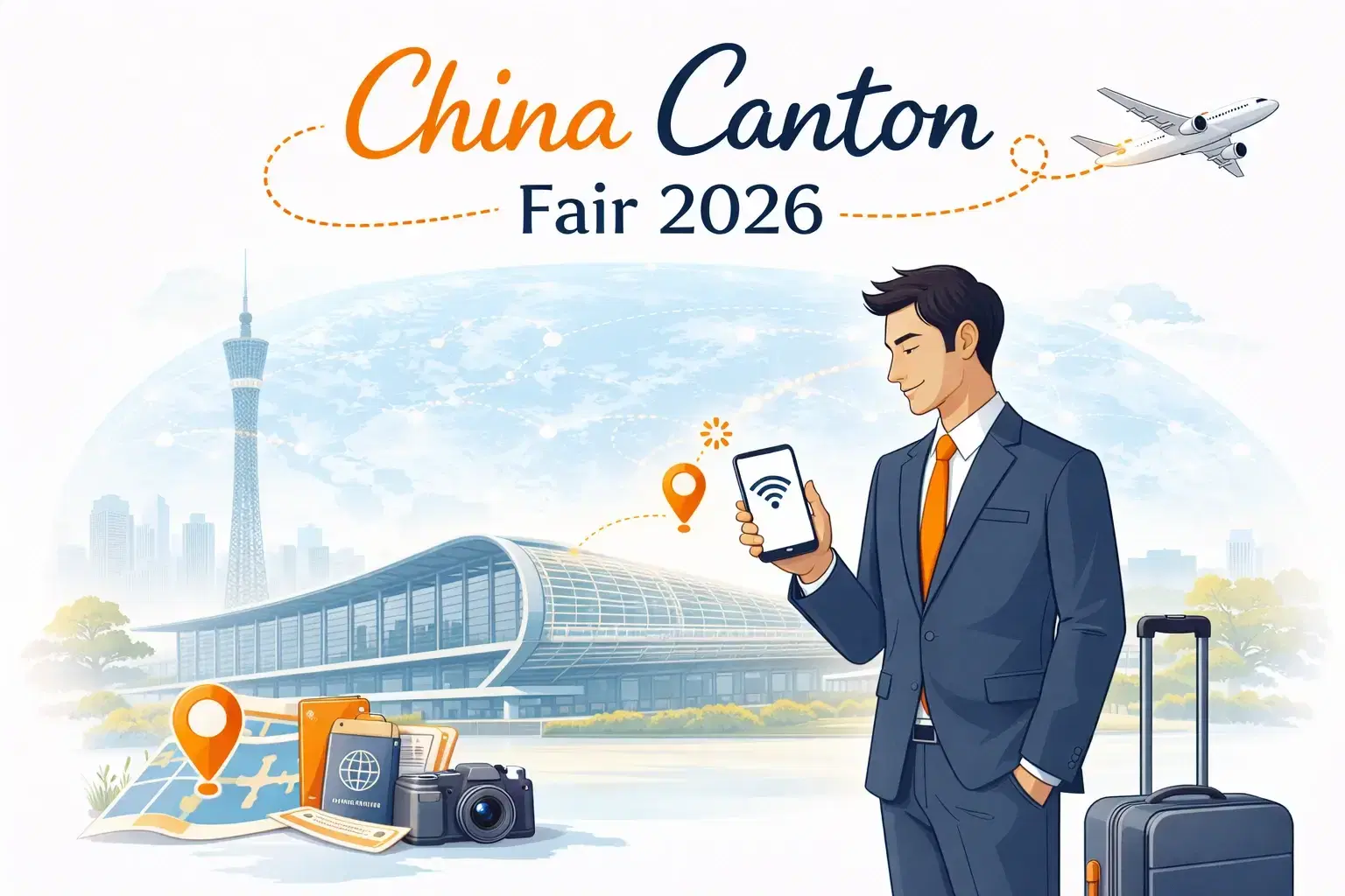 Business traveler using smartphone with luggage at international airport while preparing for travel to China during a major trade exhibition