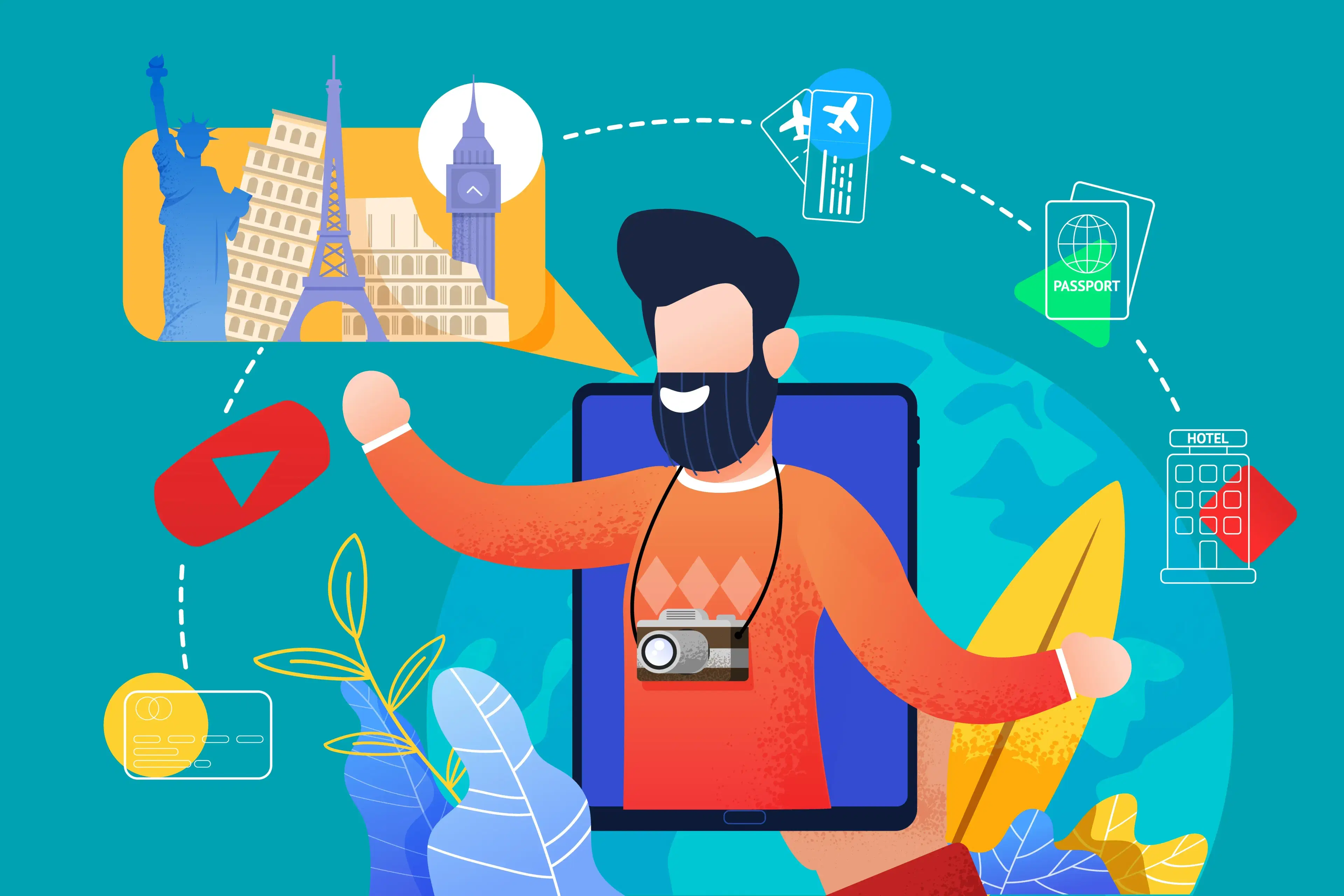 People using a smartphone map while traveling internationally with famous landmarks in background
