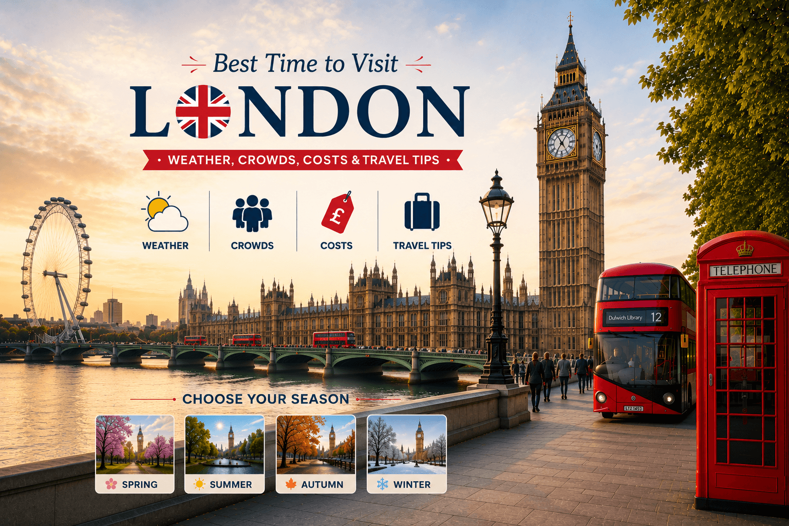 Best time to visit London guide featuring Big Ben, the London Eye, red double-decker bus, weather, crowds, costs, and seasonal travel tips